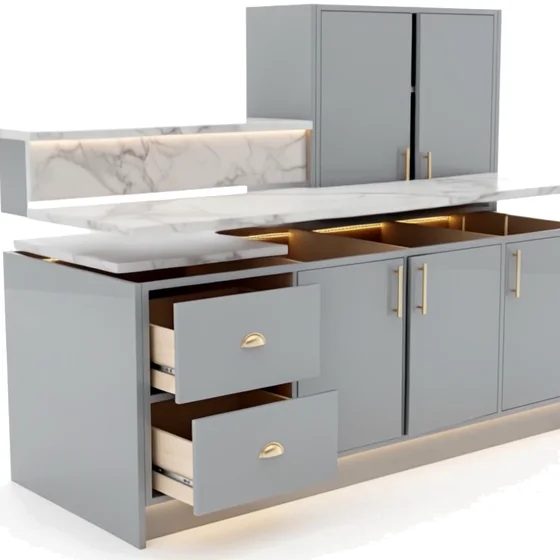 The marble top lifting away from the cabinet.
