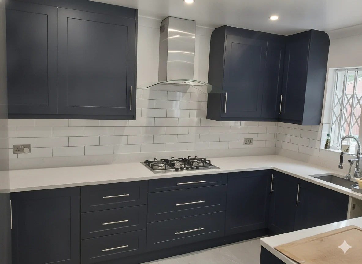 Navy shaker corner run · gas hob