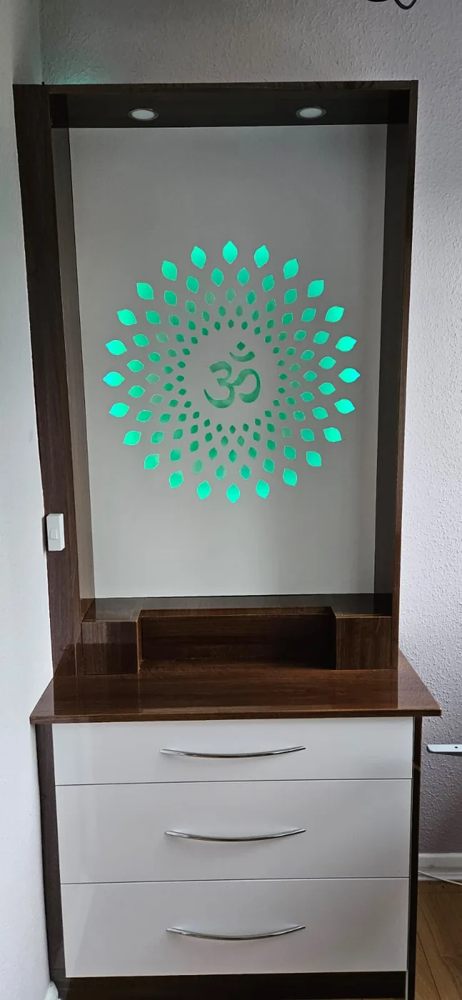 Walnut mandir alcove · green backlit Om medallion