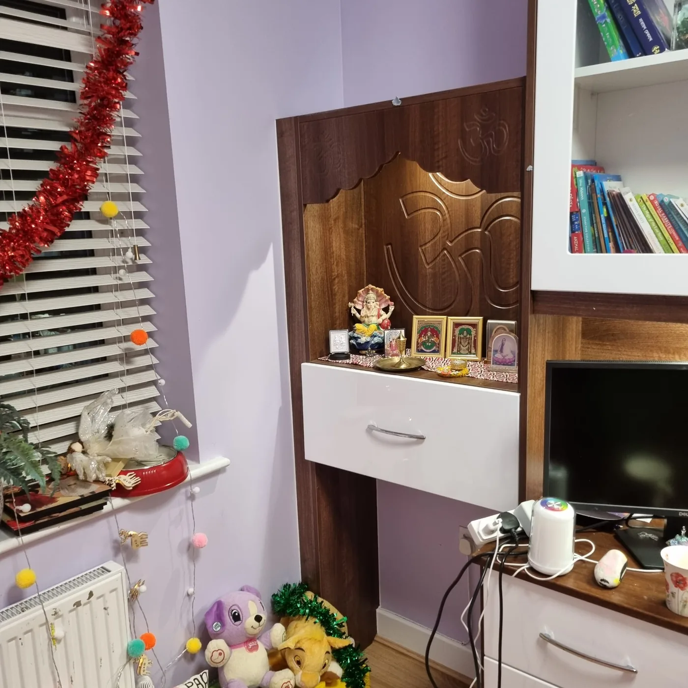 Walnut mandir cabinet · deity shelving & drawer base