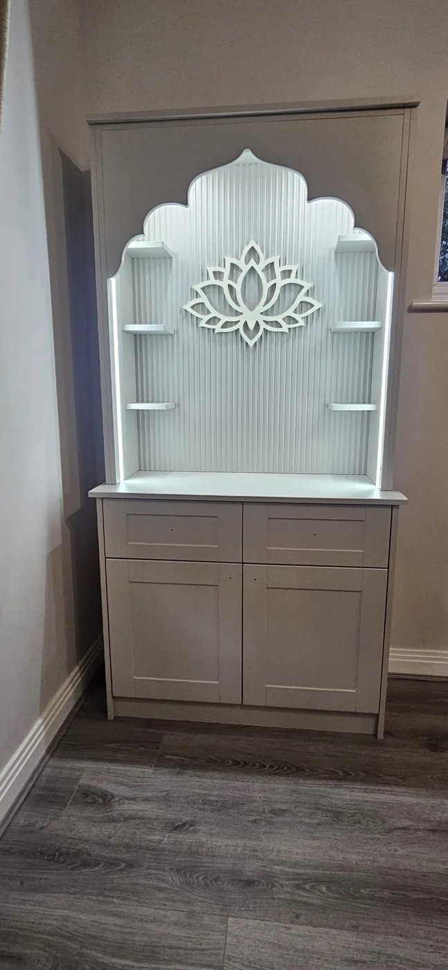 Fitted mandir · arched backlit lotus panel