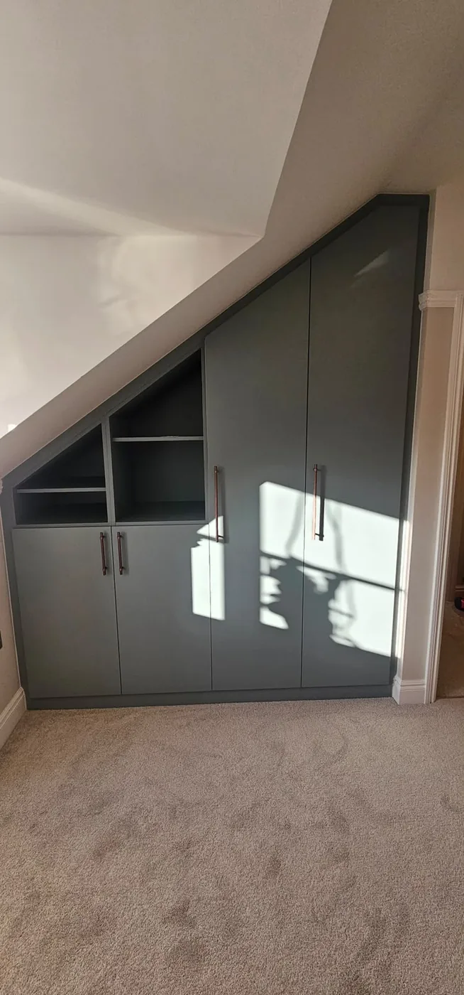 Charcoal loft wardrobe · open shelving & hinged doors
