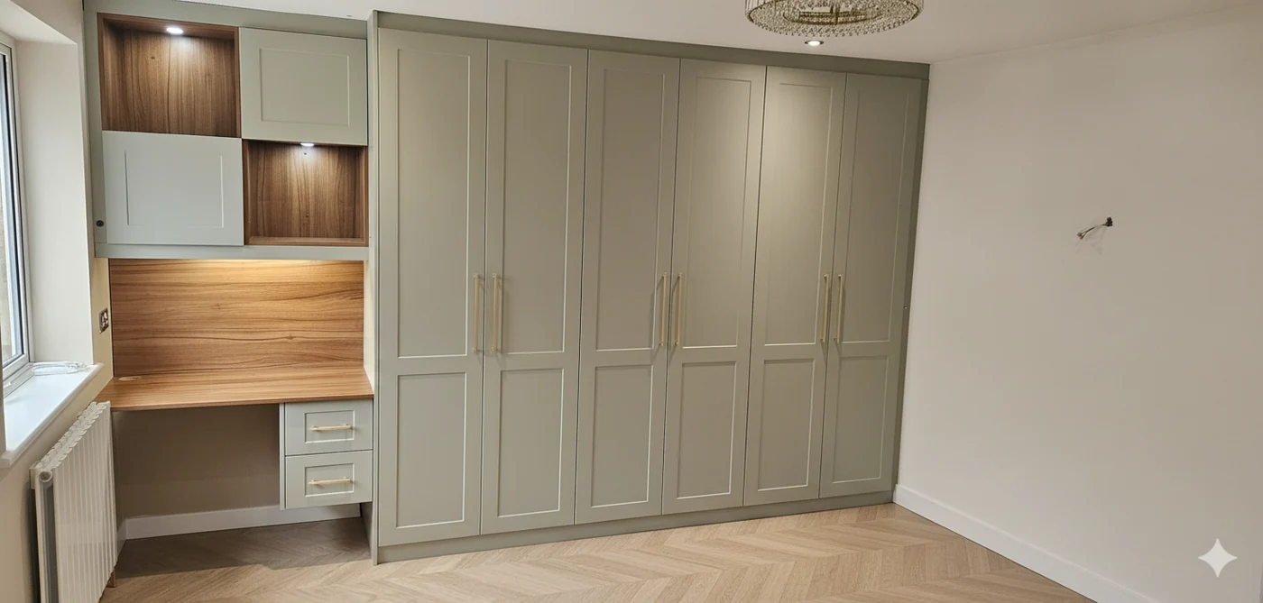 Sage green fitted wardrobes · brass handles · herringbone floor