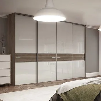 Taupe & walnut sliding wardrobe · herringbone floor