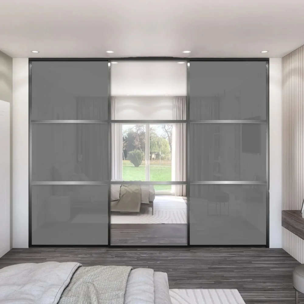 Charcoal glass sliding wardrobe · mirror centre panel