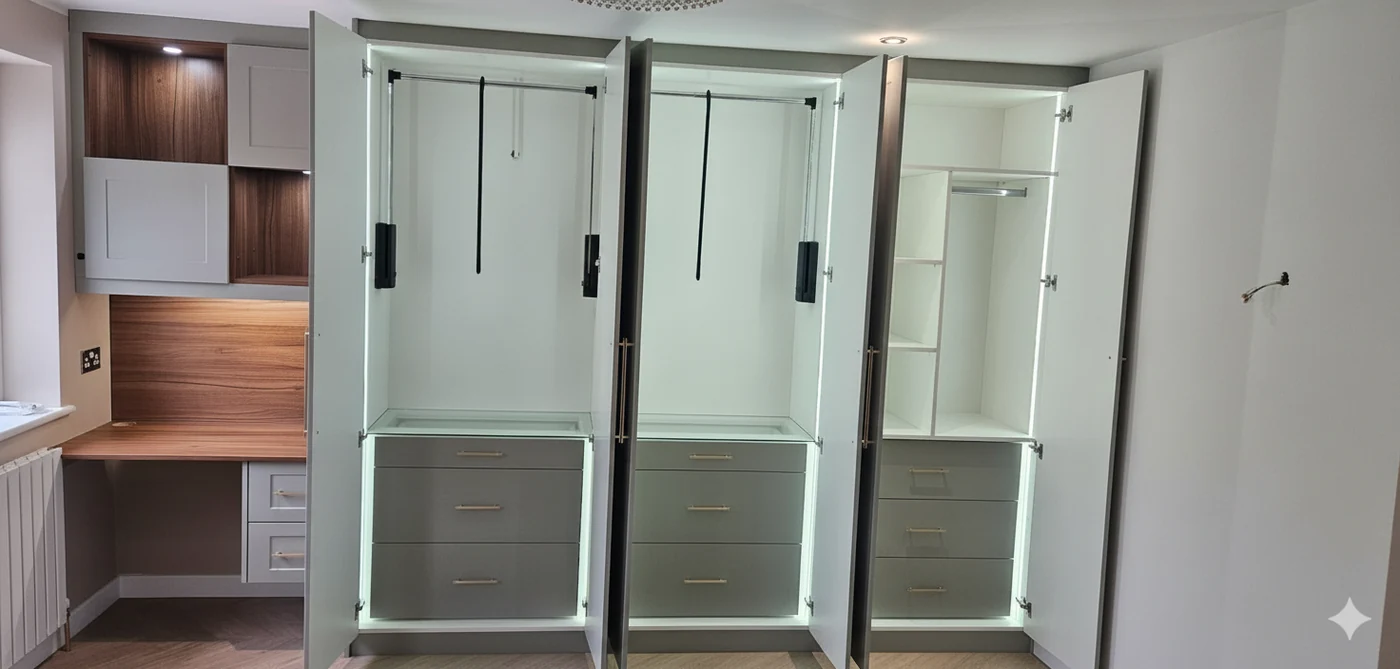 Sage fitted wardrobe wall · chandelier above